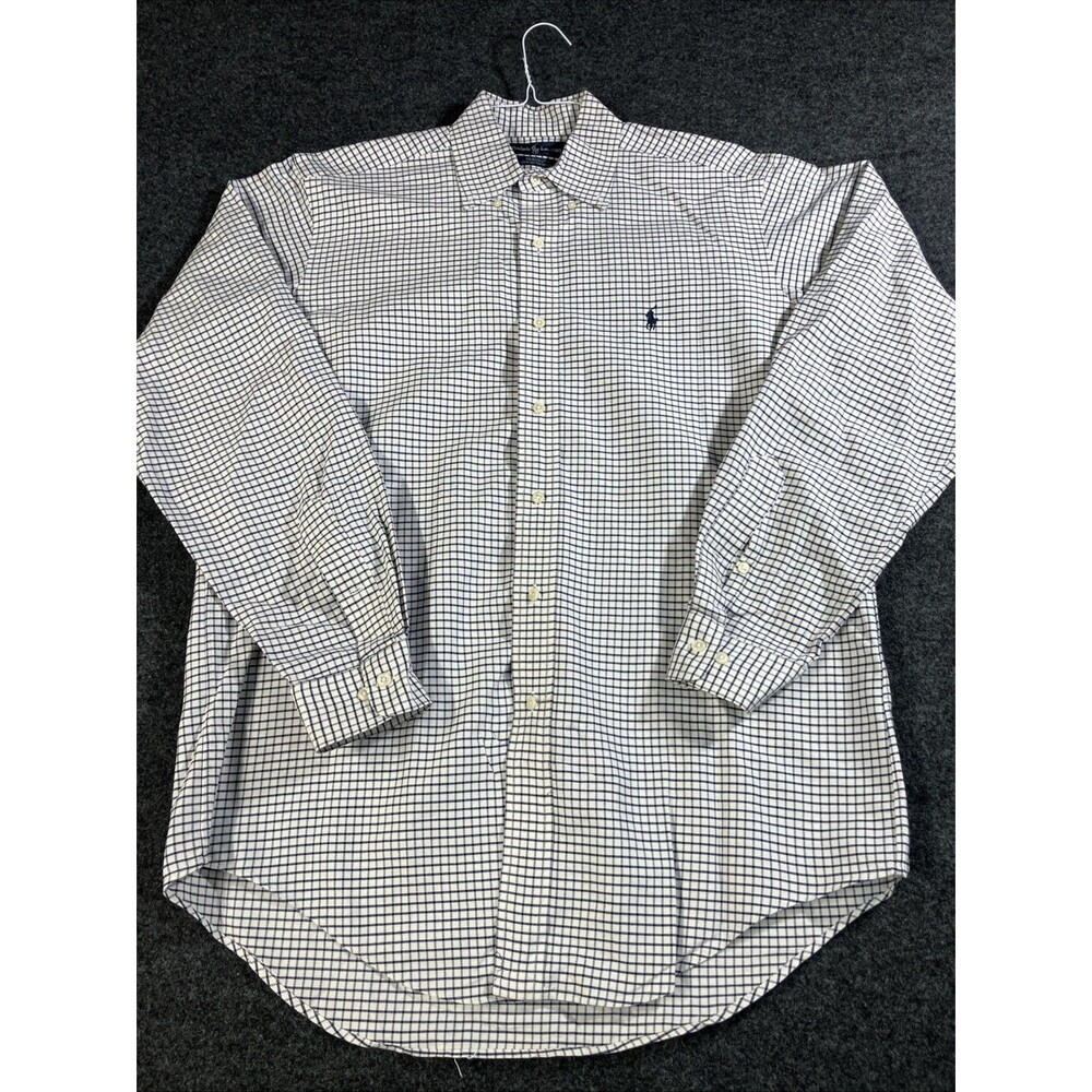 VTG Polo Ralph Lauren Yarmouth Shirt Mens 15 34/35 White Navy Grid Check Dress